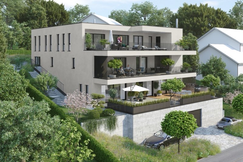 Visualisierung Terrassenbau an der Fürstenlandstrasse in Wil: drei Geschosse am Hang mit grossen Terrassen
