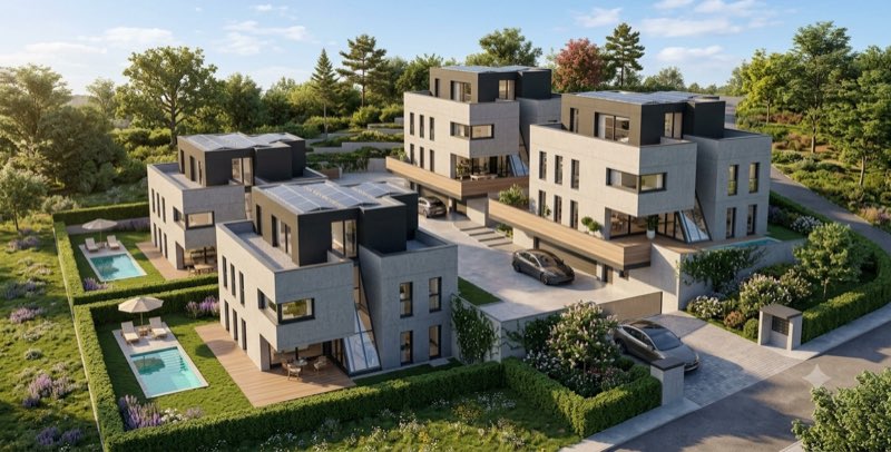 Visualisierung der vier Einfamilienhäuser an der Himmelrichstrasse in Bronschhofen