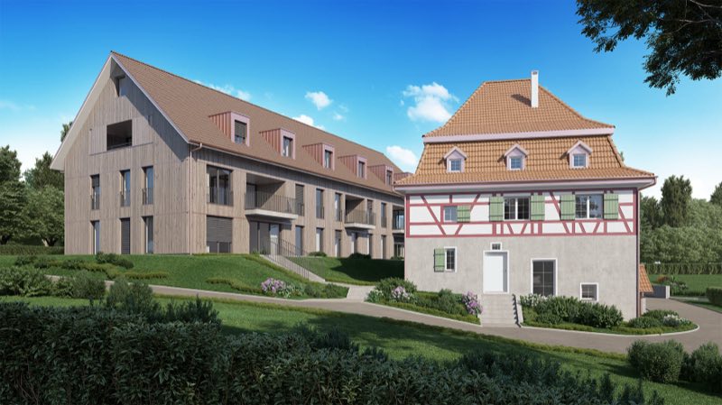 Visualisierung Steckborn: saniertes Fachwerk-Schlössli neben dem neuen Mehrfamilienhaus