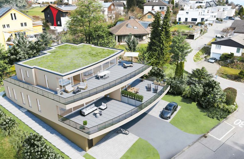 Terrassenhaus an der Von-Thurnstrasse in Wil von oben, mit begrüntem Dach